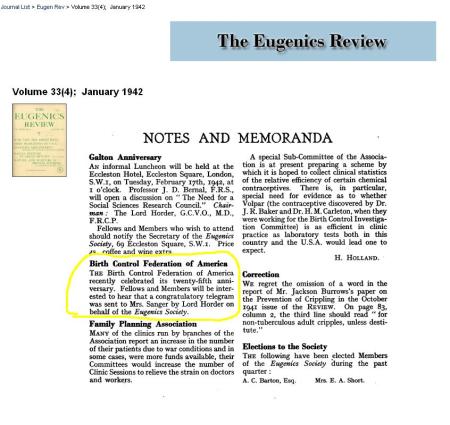 Eugenics Review Congrats ABCL Jan 1942
